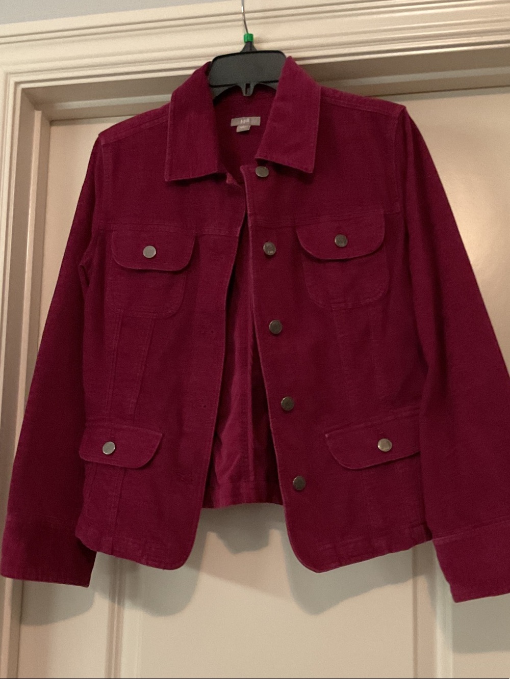 J. Jill Burgundy Corduroy Button-Front Jean Jacket. Deep cranberry color.